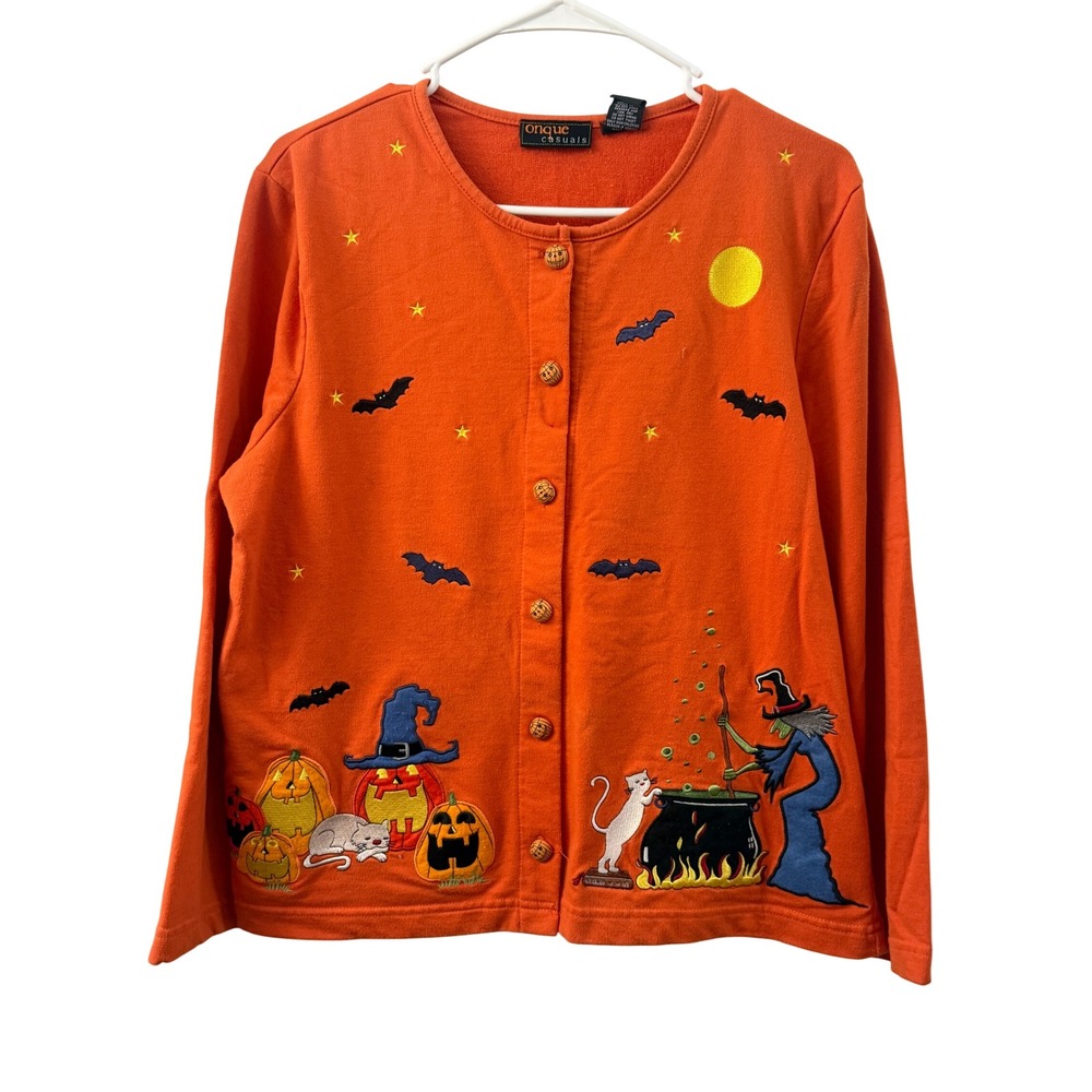 Onque Casuals Halloween Cardigan Orange Embroidered Witch Pumpkin Sweatshirt L